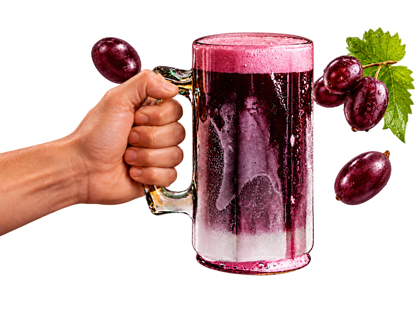 Caneca de chopp roxo gelado na mão, com uvas e folhas