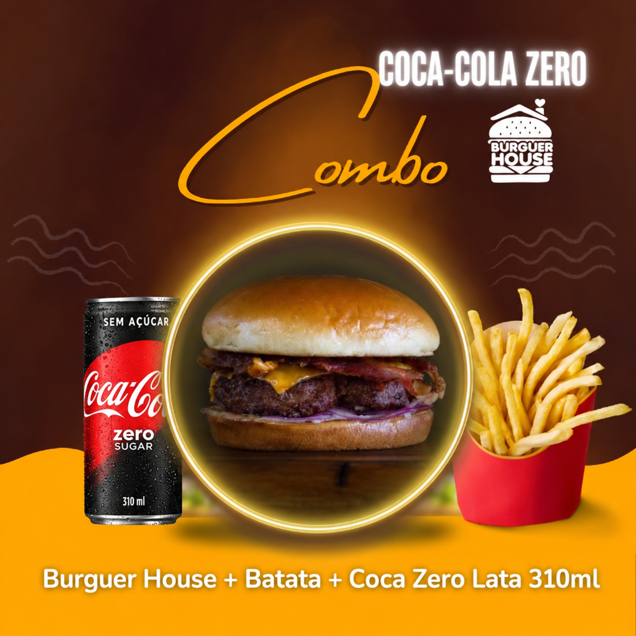 Imagem ilustrativa do Combo Coca Zero Lata com hambúrguer, batata frita e Coca-Cola Zero